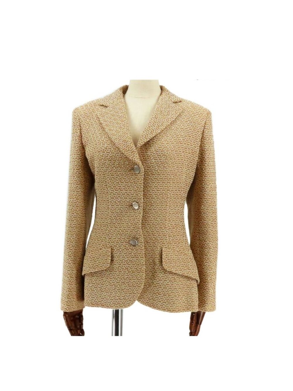 Chanel Coco Number Button Jacket Beige Wool Rayon Nylon Shoulder Pad 98P Top 36